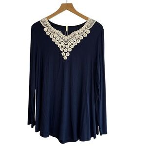NWT Women's Navy Blue Lace Crochet Trim Long Sleeve Top Large Cottage Feminine
